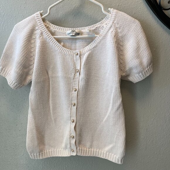 vtg Carroll Reed Womens cream Short-Sleeve Button-Front Knit Cardigan Sweater M - Picture 1 of 10
